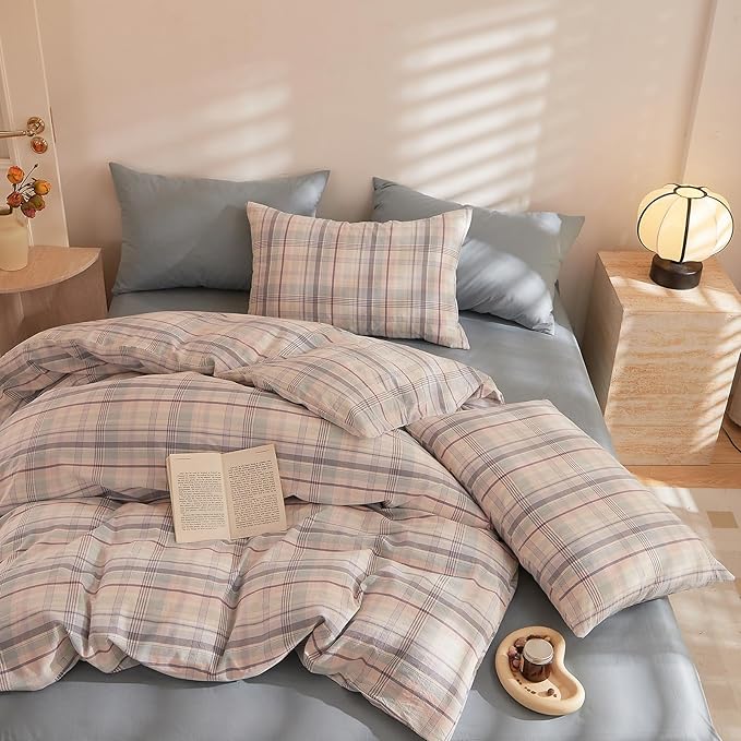HighBuy Pink Blue Gingham Comforter Set Queen Modern Grid Plaid Bedding Comforter with 2 Pillowcases Soft Fluffy 3 Pieces Checkered Pattern Comforter Set Farmhouse Gingham Bedding Set