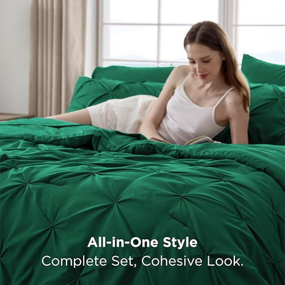 Bedsure Queen Comforter Set Dark Green - Bed in a Bag Queen Size Bedding 7 Pieces, GentleSoft™ Pintuck Bed Set Gift for Family, Pinch Pleat All Season Comforter with Sheets, Pillowcases & Shams