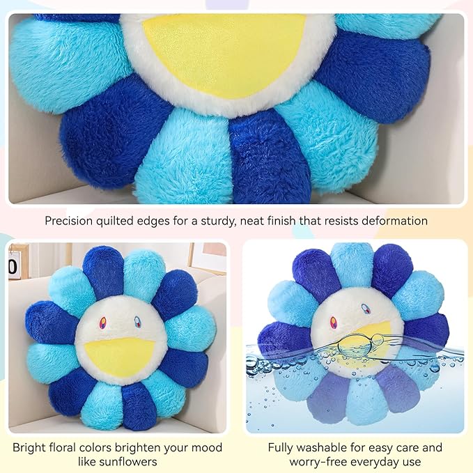 Flower Pillow,Colorful Flower Shaped Throw Pillow,Smiley Face Floor Cushions,Cute Sunflower Plush Pillows,Cute Plushie Room Decor,Valentines Day Decorative Pillows for Bed,Couch,Sofa,Car (Blue,15.7In)