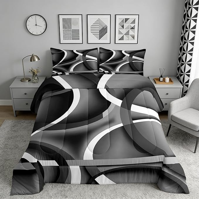 Castle Fairy Circle Geometric Comforter Set Gray Black Swirls Bedding Set for Kids Girls Women Adults Abstract Stripes Comforter Retro Style Quilted Duvet Set Bedroom Collection Twin Size 2Pcs