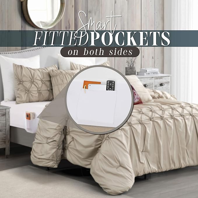 Elegant Comfort 12-Piece Bed-in-a-Bag, Ella Pleated Ruched Pintuck Comforter Set, 6-Piece Sheet Set Featuring Smart Pockets, Matching Decorative Pillows, All Season Bedding, California King, Linen