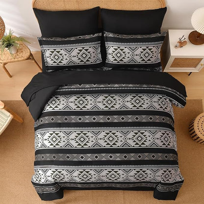Anibedding Black King Size Comforter Set,7 Pieces Boho Striped Bed in a Bag Aztec Western Bedding Set, Soft Microfiber Farmhouse Bed Comforter Set for All Season