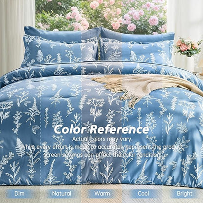 MUXHOMO Ice Blue Full Comforter Set, Elegant Floral Print Bed in a Bag 7 Pieces, Ultra Soft & Breathable Reversible Botanical Pattern Bedding Set with Comforter, Sheets, Pillowcases, and Shams