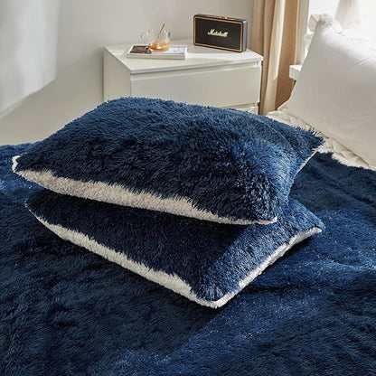 Joyreap 3-Piece Plush Shaggy Comforter Set, King Size Luxury Faux Fur Sherpa Reversible Bedding Comforter Set, Ultra Cozy Warm Fluffy Bedding Set for Winter (Navy, 100x88 inches)