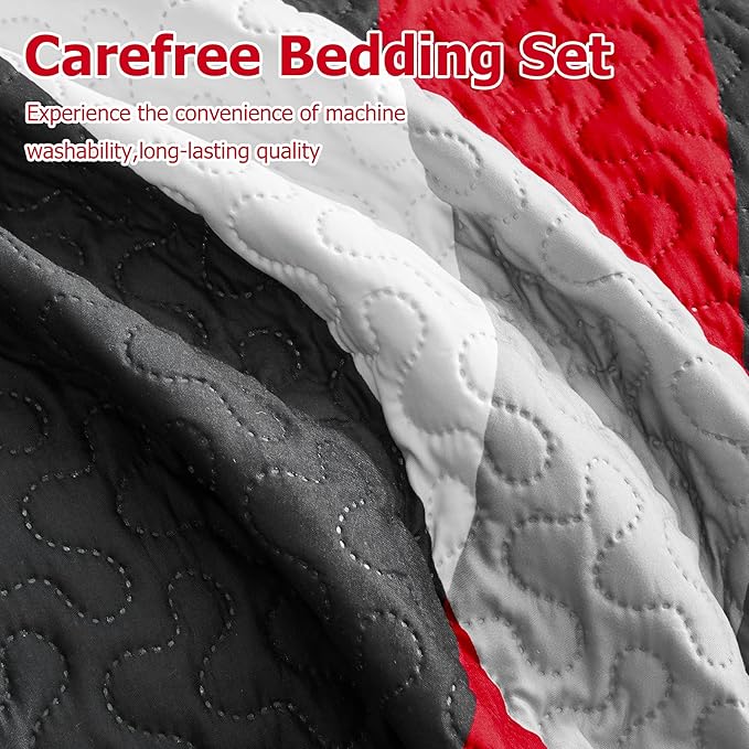 weesire Black and Red Bedding Quilt Queen Size with 2 Shams, Modern Stripe Comforter Sets Classic Line Pattern Bedspreads Grey and Red Coverlet, 90''x96''