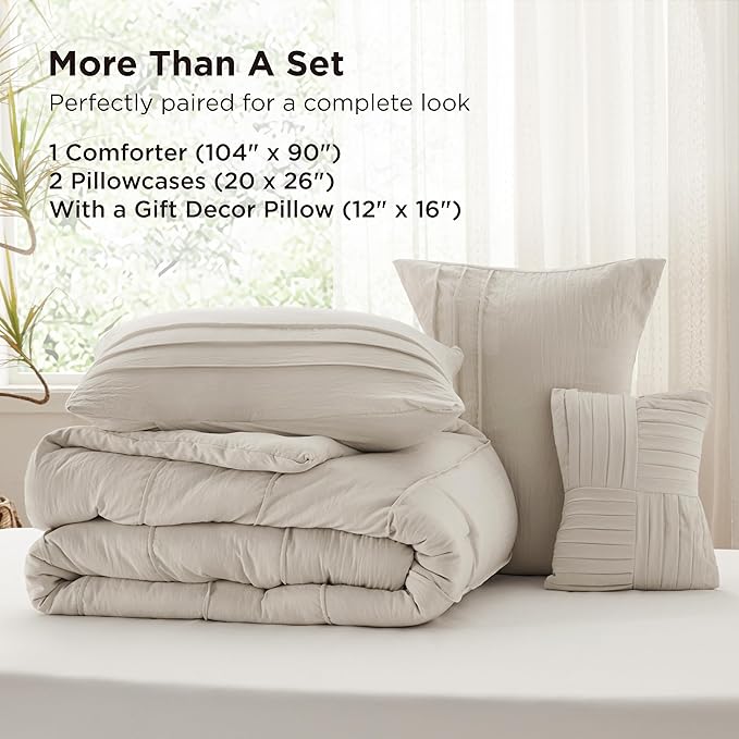 Bedsure Beige King Size Comforter Set - 4 Pieces Pinch Pleat Bed Set, Down Alternative Bedding Sets for All Season, 1 Comforter, 2 Pillowcases, 1 Decorative Pillow