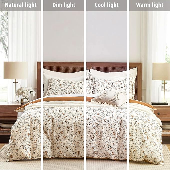 Burnt Orange Floral Cotton Comforter King Size - Delicate Tiny Flowers and Gray Branches on White, Textured Rust Back, 3PC Luxurious Lightweight Bedding Set with Ultra-Soft Alternative Fill