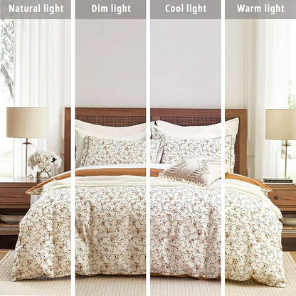Burnt Orange Floral Cotton Comforter King Size - Delicate Tiny Flowers and Gray Branches on White, Textured Rust Back, 3PC Luxurious Lightweight Bedding Set with Ultra-Soft Alternative Fill