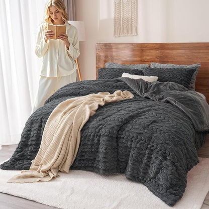 PHF Fluffy Sherpa Fleece Twin Comforter Set, 2 Pieces Warm Fuzzy Soft Bedding for Winter, 3D Tufted Flannel Plush Shaggy Bed Set, 1 Comforter (68"x90") and 1 Pillowcase (20"x26"), Dark Grey