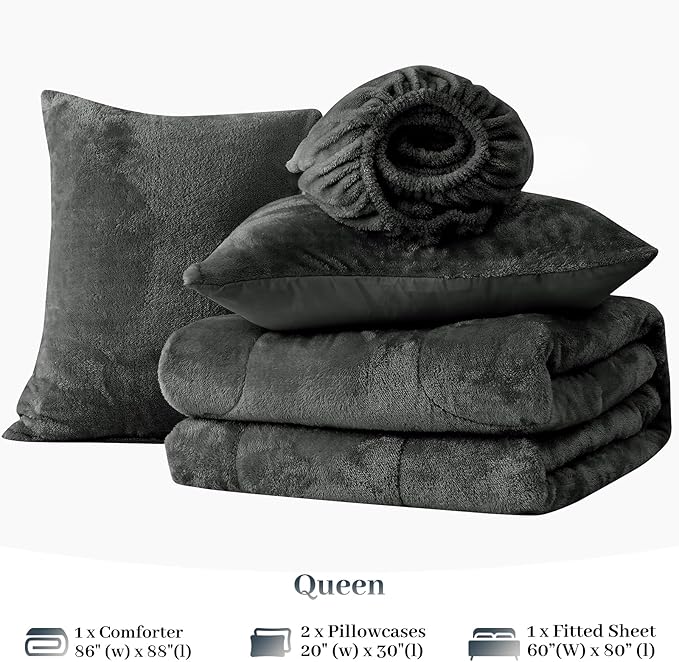 YIYEA Faux Fur Comforter Set Queen Size with Fitted Sheet, Luxury Ultra Soft Fuzzy Comforter, Fluffy Plush Velvet Bedding Comforter Sets for Fall Winter, Cozy Warmth, No Shedding, 4PC, Grey