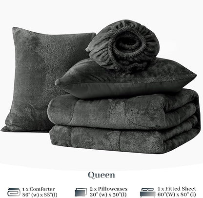 YIYEA Faux Fur Comforter Set Queen Size with Fitted Sheet, Luxury Ultra Soft Fuzzy Comforter, Fluffy Plush Velvet Bedding Comforter Sets for Fall Winter, Cozy Warmth, No Shedding, 4PC, Grey