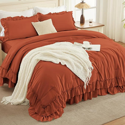 Andency Terracotta Full Size Comforter Set (79x90Inch), 3 Pieces Fluffy Farmhouse Shabby Chic Ruffle Bedding Sets, All Season Soft Lightweight Bed Set, Burnt Orange