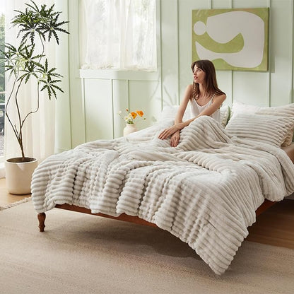 Bedsure California King Comforter - GentleSoft™ 3 Pieces Double-Side Fleece Comforter Set, Cozy Striped Room Decor Aesthetic, Luxury Linen Cal King Bedding with 2 Pillowcases, 104x96 Inches