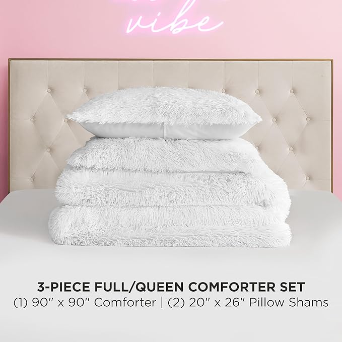Juicy Couture Shaggy Faux Fur White Full/Queen Comforter Set - Soft and Cozy 3-Piece Machine Washable Bedding Comforter and Sham Set