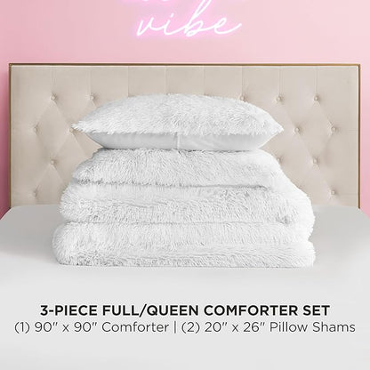 Juicy Couture Shaggy Faux Fur White Full/Queen Comforter Set - Soft and Cozy 3-Piece Machine Washable Bedding Comforter and Sham Set
