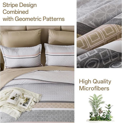 WONGS BEDDING Beige Comforter Set King Size,7 Pieces Striped Bed in a Bag Comforter and Sheet Set,Patchwork Soft Lightweight Micorfiber Bedding Set for All Seaon (90"×104")