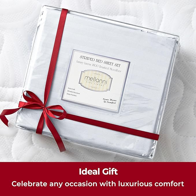 Mellanni King Sheets Set - 4 PC Iconic Collection Bedding - Hotel Luxury, Extra Soft, Cooling Bed Sheets - Wrinkle, Fade, Stain Resistant (King, Striped White)