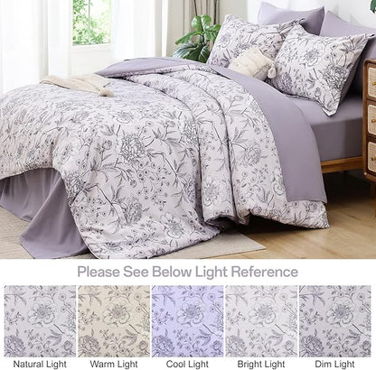 Yiran Botanical Floral Purple Comforter King 7 Piece Bed in a Bag Soft Microfiber Bedding Comforter Set for All Season (1 Comforter,2 Pillowcases,2 Pillow Shams,1 Flat Sheet,1 Fitted Sheet)