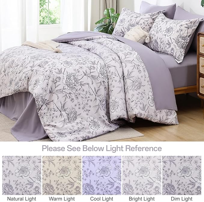 Yiran Botanical Floral Purple Comforter Queen 7 Piece Bed in a Bag Soft Microfiber Bedding Comforter Set for All Season (1 Comforter,2 Pillowcases,2 Pillow Shams,1 Flat Sheet,1 Fitted Sheet)