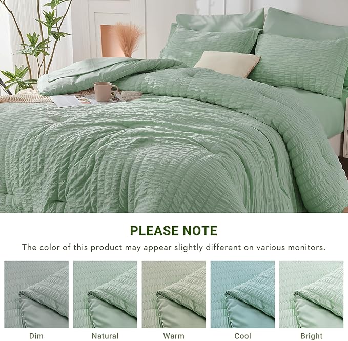 HYMOKEGE Sage Green Twin XL Comforter Set Seersucker 5 Pieces, All Season Luxury Bed in a Bag for Bedroom, Bedding Set with Comforter, Sheets, Pillowcase & Sham