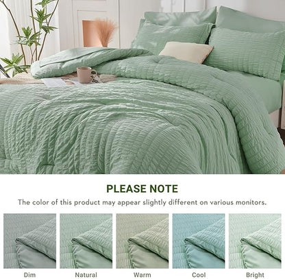 HYMOKEGE Sage Green Twin Comforter Set Seersucker 5 Pieces, All Season Luxury Bed in a Bag for Bedroom, Bedding Set with Comforters, Sheets, Pillowcase & Sham