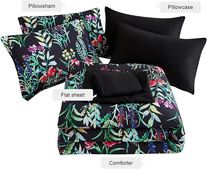 7 Piece Bed in a Bag Floral Comforter Set, Botanical Flowers Comforter and Sheet Set, Soft Microfiber Lightweight Bedding Comforter Set for All Season(Dark Floral, King)