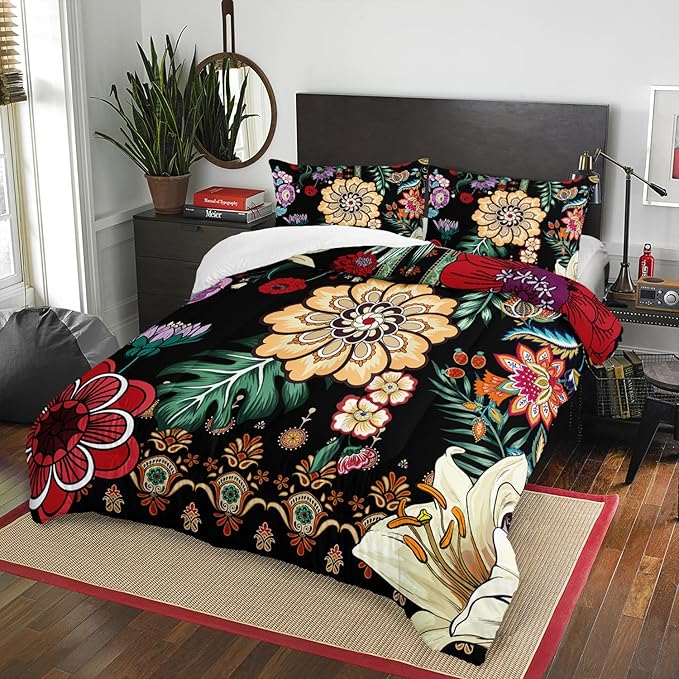 3 Pieces Colorful Floral Comforter Set,Paisley Bedding Set Full Size,Boho Farmhouse Flower Leaves Printed on Black Design,All Season Lightweight Soft Microfiber Bedding with 2 Pillow Shams