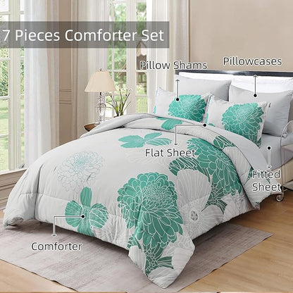 Yiran Grey Aqua Floral Queen Comforter Set Bed in a Bag Soft Microfiber Comforter Bedding Set 90"×90",7 Pieces (1 Comforter,2 Pillowcases,2 Pillow Shams,1 Flat Sheet,1 Fitted Sheet)