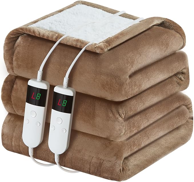 Electric Heated Blanket King Size 90''x100'' Soft Flannel & Sherpa Electric Blanket with 10 Heating Levels, Automatically Shut Down After 8h with Overheat Protection Machine Washable