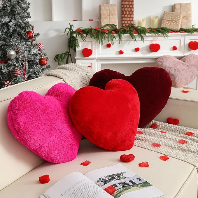 YRXRUS Valentines Heart Pillows, Love Heart Shaped Pillow, Small Cute Rose Heart Pillows for Gifts, Faux Rabbit Throw Pillows for Her, Kids, Girls Home Decoration, 10X11 Inch