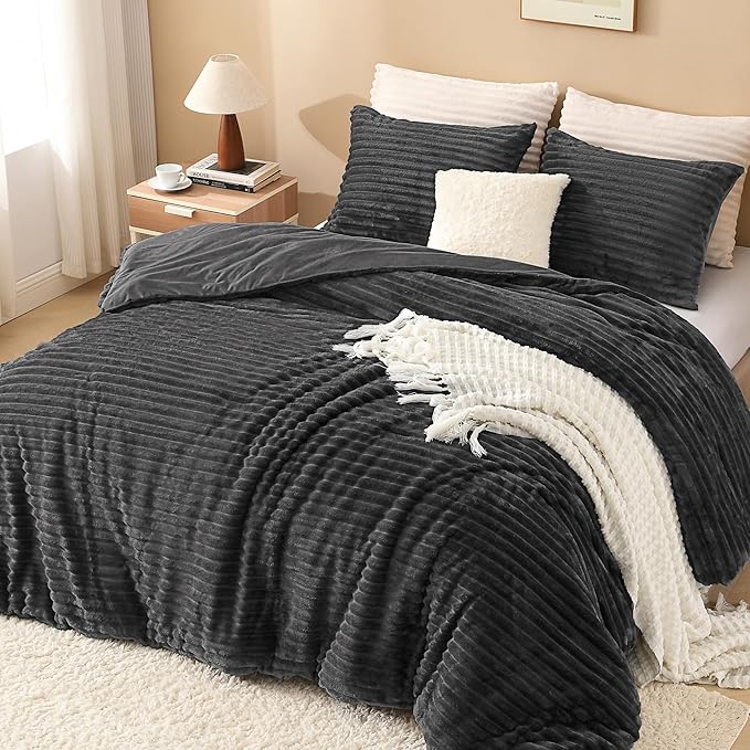 Andency Dark Grey Full Comforter Set, 3 Pieces Fleece Comforter Set for Full Size Bed, Soft Warm Fluffy Fuzzy Gray Bedding Set for Winter (1 Comforter & 2 Pillowcases)