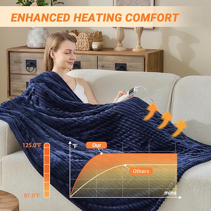 Heated Blanket Electric Full, Soft Flannel Heating Blanket with 8 Hours Auto Off 10 Fast Heating Levels Machine Washable Sherpa Heated Blanket with Overheating Protection