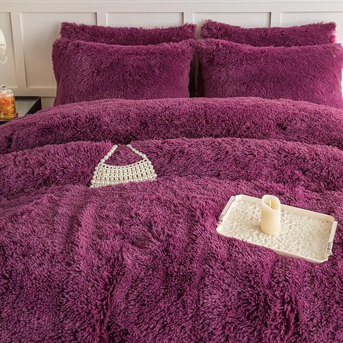chovy Faux Fur Plush Grape Purple Comforter Sets King - Ultra Soft Shaggy Flannel Velvet Fluffy Fuzzy 3PC Bedding Set （Comforter x 1 Pillowcases x 2）