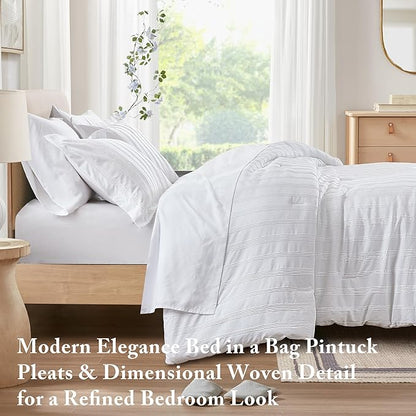 Madison Park Essentials Striped Comforter Set King, 7 Pieces Modern Minimalist Jacquard Bedding Set for All Season, Bed in A Bag with Sheet Set and Soft Brushed Reverse, Lightweight White
