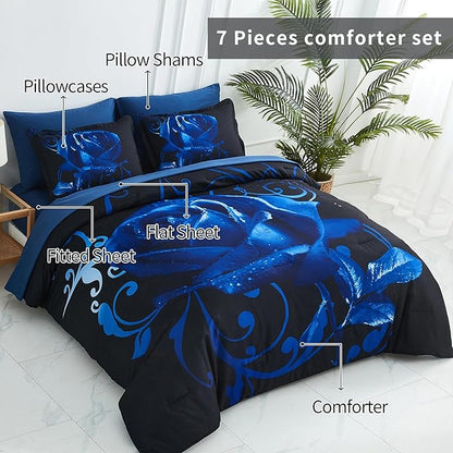 Xruibed Blue Comforter Set Full 7 Piece Bed in a Bag Blue Rose Comforter with Sheet Set Soft Micorfiber Reversible Bedding Set (1 Comforter,2 Pillow Shams,1 Flat Sheet,1 Fitted Sheet,2 Pillowcases)