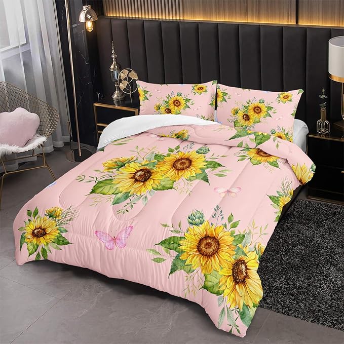 Sunflower Pink Comforter Set Twin Size for Women Adults,3 Piece Butterfly Floral Bedding Set,Microfiber Quilts with 2 Shams Soft Lightweight Quilt Room Decor,Pink