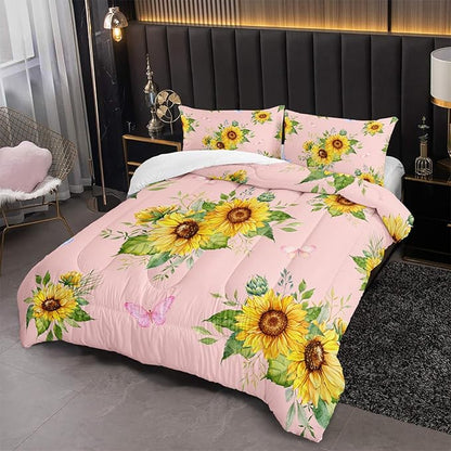 Sunflower Pink Comforter Set Full Size for Women Adults,3 Piece Butterfly Floral Bedding Set,Microfiber Quilts with 2 Shams Soft Lightweight Quilt Room Decor,Pink