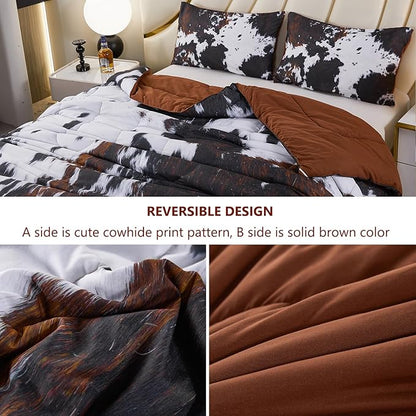 PERFEMET Queen Comforter Set 3 Pieces Cow Print Bedding Set Western Farmhouse Rustic Bed Comforter Set Black White Brown Cowhide Quilt Set
