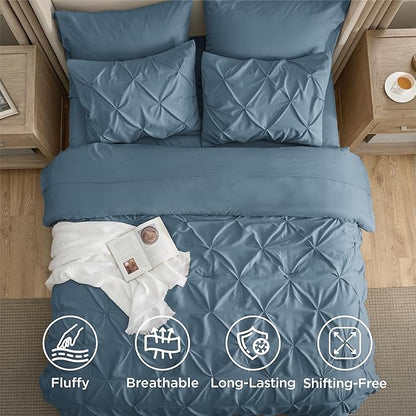 Bedsure California King Comforter Set Mineral Blue - Bed in a Bag Cal King Bedding Set 7 PCS, GentleSoft™ Pintuck Bed Set Gift for Family, Pinch Pleat Blue Comforter with Sheets, Pillowcases & Shams