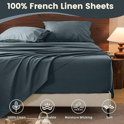 100% Linen Sheet Set Cal King Size Extra Deep Pocket Fits 18-24 Inch Mattress, Breathable & Soft, Smooth 6-Piece Set for Thick Mattresses Hotel Luxury Bedding（Cal King, Navy Grey）