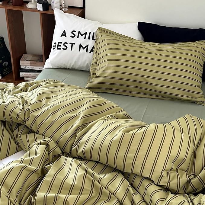 mixinni Vintage Mid-Century Striped Comforter Set King - 3 Pieces 1 Fluffy Comforter&2 Pillowcases, Olive Green & Dark Brown Retro Striped Bed Set, All Season Lightweight & Breathable-King Size