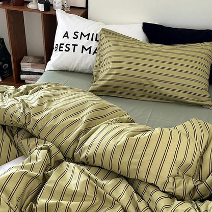 mixinni Vintage Mid-Century Striped Comforter Set King - 3 Pieces 1 Fluffy Comforter&2 Pillowcases, Olive Green & Dark Brown Retro Striped Bed Set, All Season Lightweight & Breathable-King Size