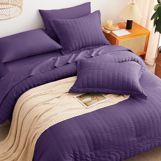 CozyLux Full Size Comforter Sets with Sheets 7 Pieces, Purple Seersucker Bed in a Bag Textured Luxury Soft Bedding Set with Down Alternative Comforter, Sheets, Pillowcases & Shams for All Seasons
