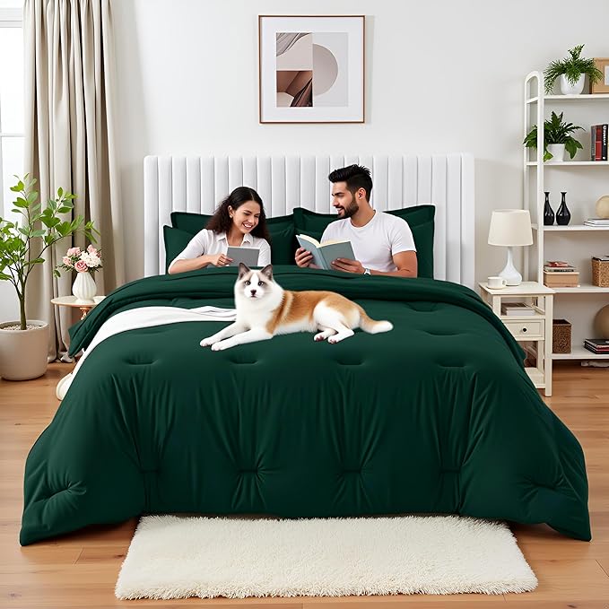 King Size Comforter Set 7 Pieces - Soft Bed in a Bag King Bed Set, Cozy Luxury Bedding Sets with All Season Comforter, Flat Sheet, Fitted Sheet, 2 Pillowcases & 2 Shams, Dark Green