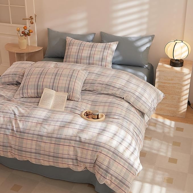 HighBuy Pink Blue Gingham Comforter Set Queen Modern Grid Plaid Bedding Comforter with 2 Pillowcases Soft Fluffy 3 Pieces Checkered Pattern Comforter Set Farmhouse Gingham Bedding Set