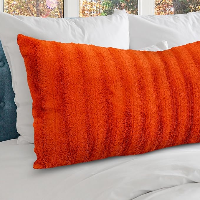 Cheer Collection Faux Fur Long Body Pillow - Accent Throw Pillow for Bed and Couch - Decorative Lumbar Pillow with Insert, Rust Orange (18" x 40")