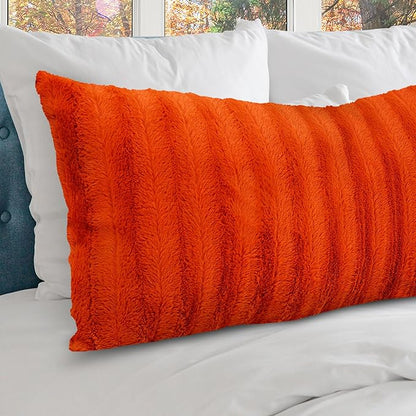 Cheer Collection Faux Fur Long Body Pillow - Accent Throw Pillow for Bed and Couch - Decorative Lumbar Pillow with Insert, Rust Orange (18" x 40")