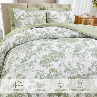 DJY California King Size Comforter Set,Sage Green Botanical Comforters with Sheets Elegant Plants Print Soft Microfiber Reversible Complete Bedding Sets for All Season
