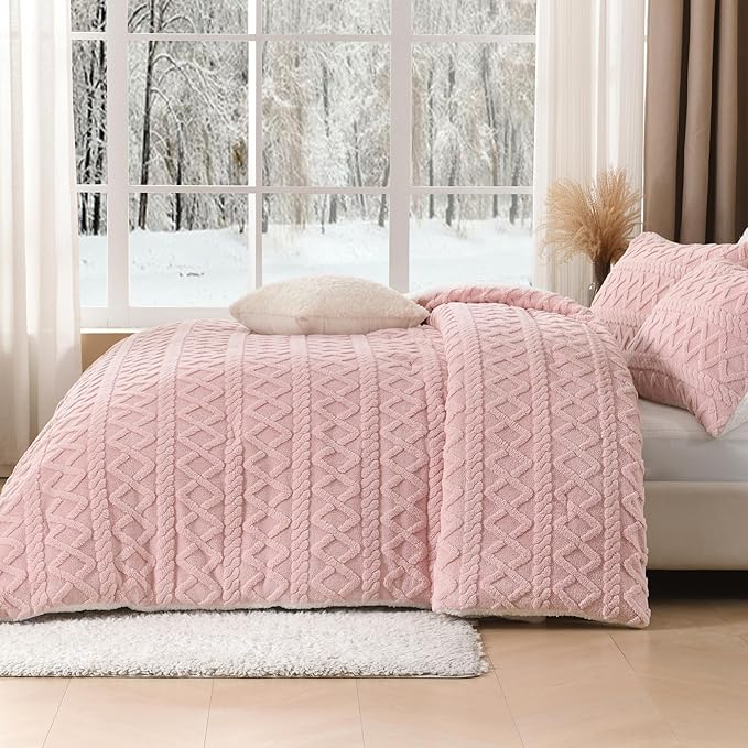 Andency Fluffy Sherpa Queen Comforter Set, Super Soft Blush Fleece Warm Bedding for Winter, Luxury Jacquard Boho Thick Fuzzy Plush Bed Set 3 Pieces(1 Shaggy Comforter, 2 Pillowcases)