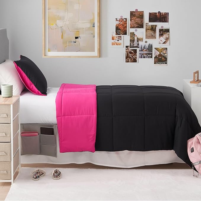 Reversible Box Stitch Comforter Set, 3-Piece Full/Queen – Hot Pink/Black – Stylish Bedding Set